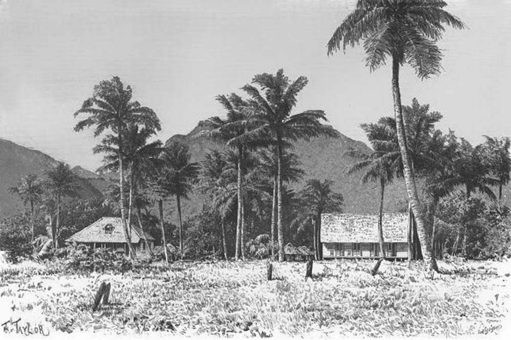 Rurutu, la case du roi et le temple. Dessin de Taylor, 1885