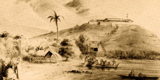 Fort Collet à Taiohae, vers 1845. Gravure Max Radiguet