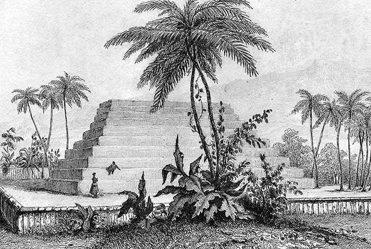 Gravure de J. Wilson du marae Mahaiatea de Papara en 1799
