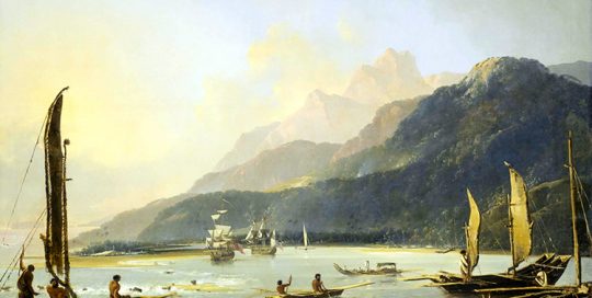 Le navire de Cook, dans la baie de Matavai à Tahiti par Hodges