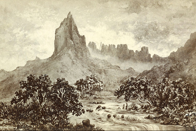 Cirque d'Opunohu à Moorea. Dessin Constance Cumming