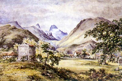 Fort Belleau dans la vallée de la Punaruu, Tahiti. Tableau de Constance Cumming.