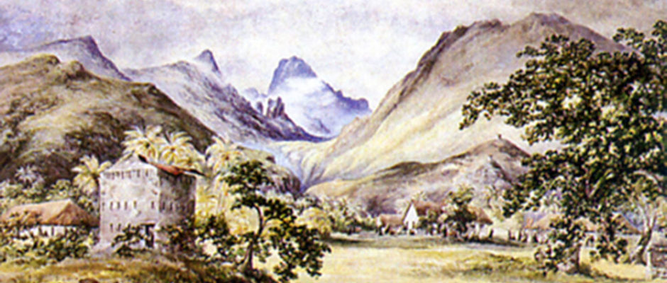 Fort Belleau dans la vallée de la Punaruu, Tahiti. Tableau de Constance Cumming.