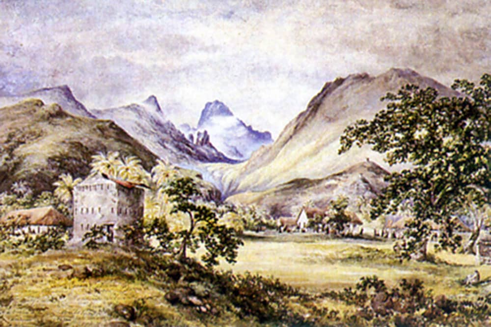 Fort Belleau dans la vallée de la Punaruu, Tahiti. Tableau de Constance Cumming.