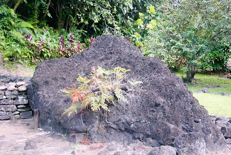 Ofai pahu, pierre tambour de Fare hape, vallée de la Papenoo.