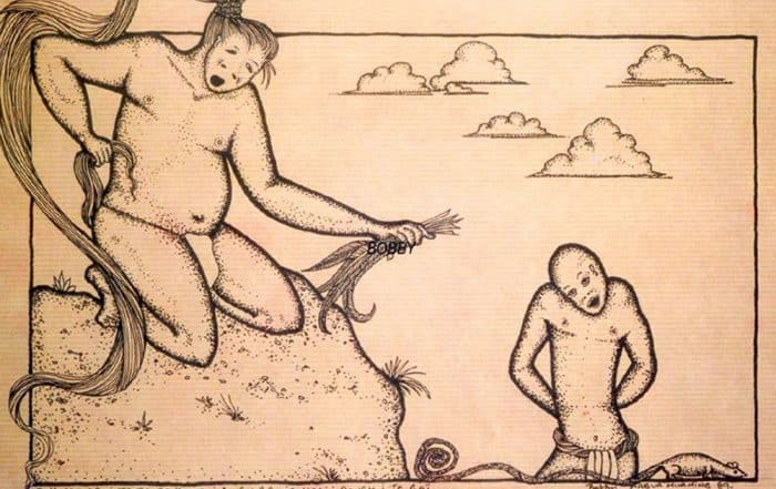 Légende de Roanuu, le jeune homme chauve. Illustration Bobby