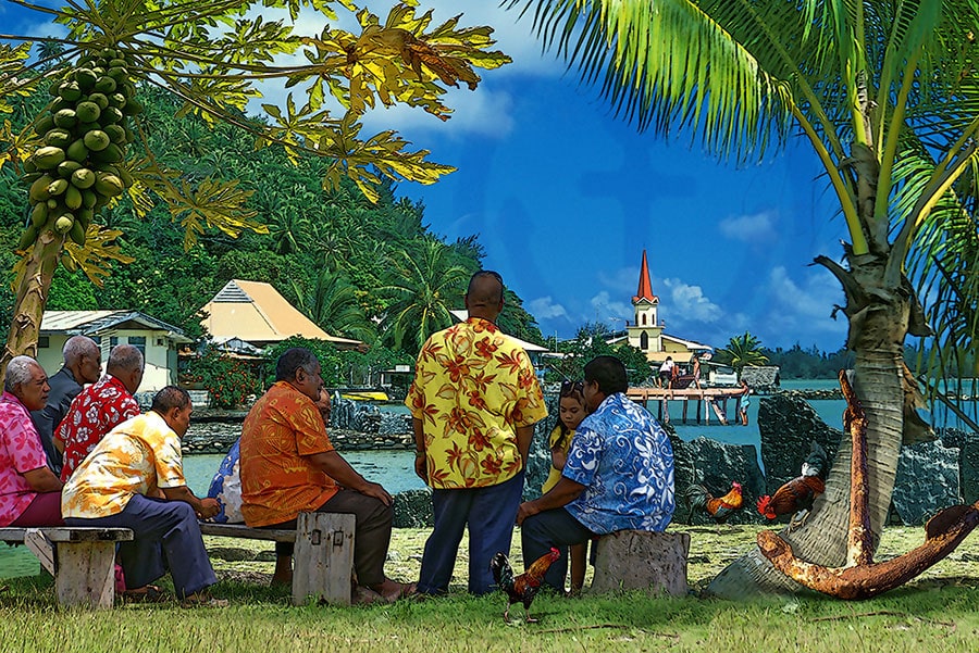 Floral shirts, temple de Maeva à Huahine. http://taiha.com/