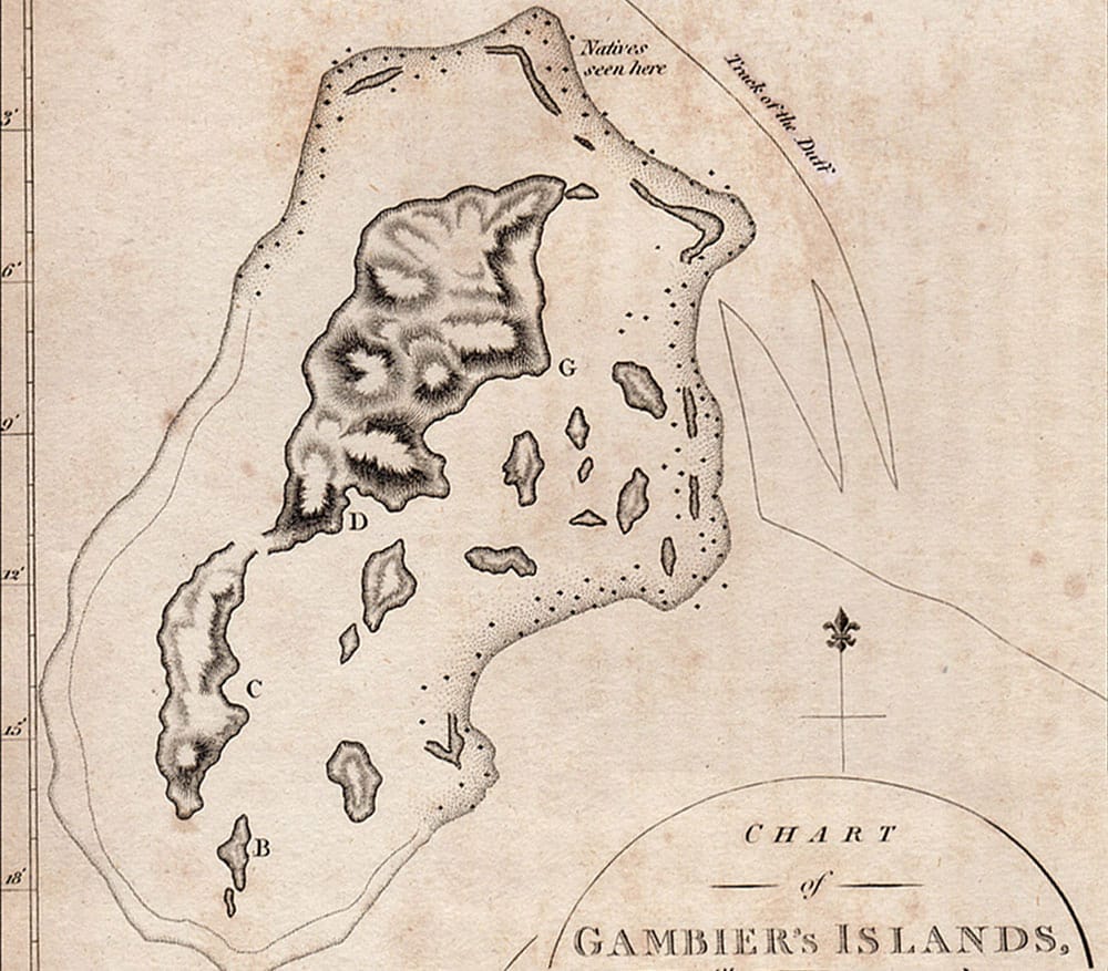 Carte de la navigation du Duff aux Gambier le 23 mai 1797.