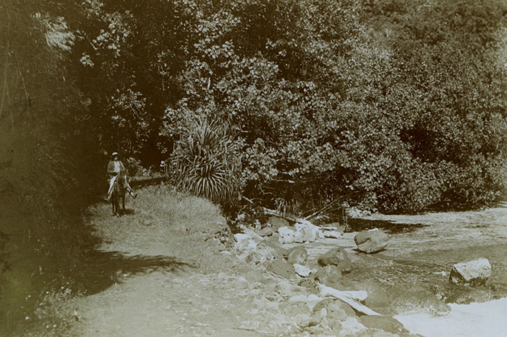 A cheval cote Nord de Tahiti en 1896. Photo Arthur Baessler. Coll. eMuseumPlus