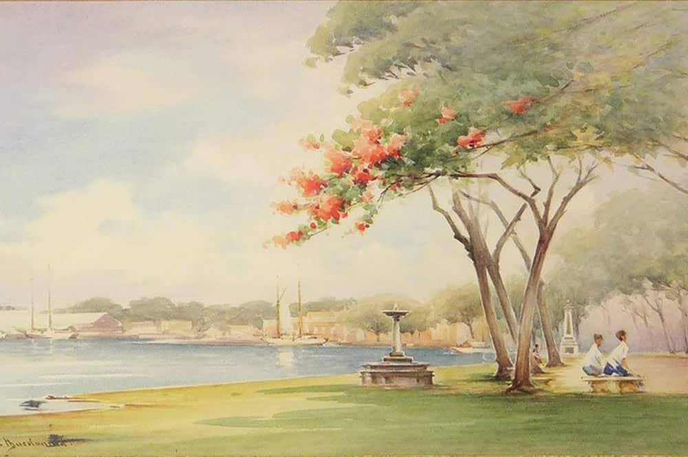 Le front de mer de Papeete en 1932. Aquarelle de Alister Macdonald