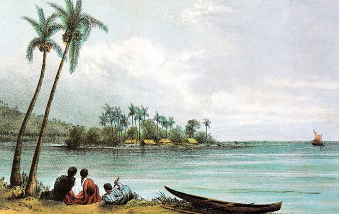 Le petit îlot de Motu Uta, résidence secondaire des Pomare. Peinture de Nicolas Feld.