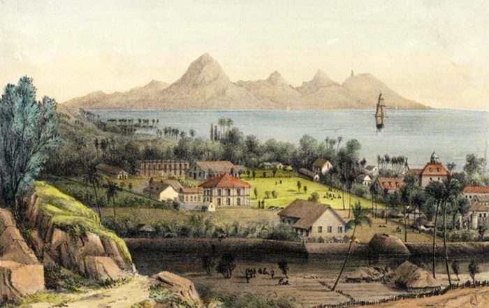 Papeete avec l'île de Moorea au loin, vue de la station de sémaphore.1848. Lithographie de Shipley Conway