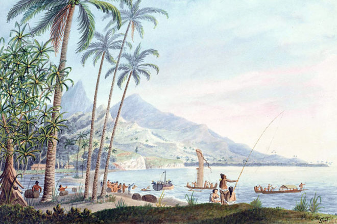 Near the watering place Matavai. Aquarelle de George Tobin 1792