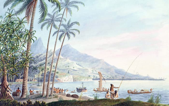 Near the watering place Matavai. Aquarelle de George Tobin 1792