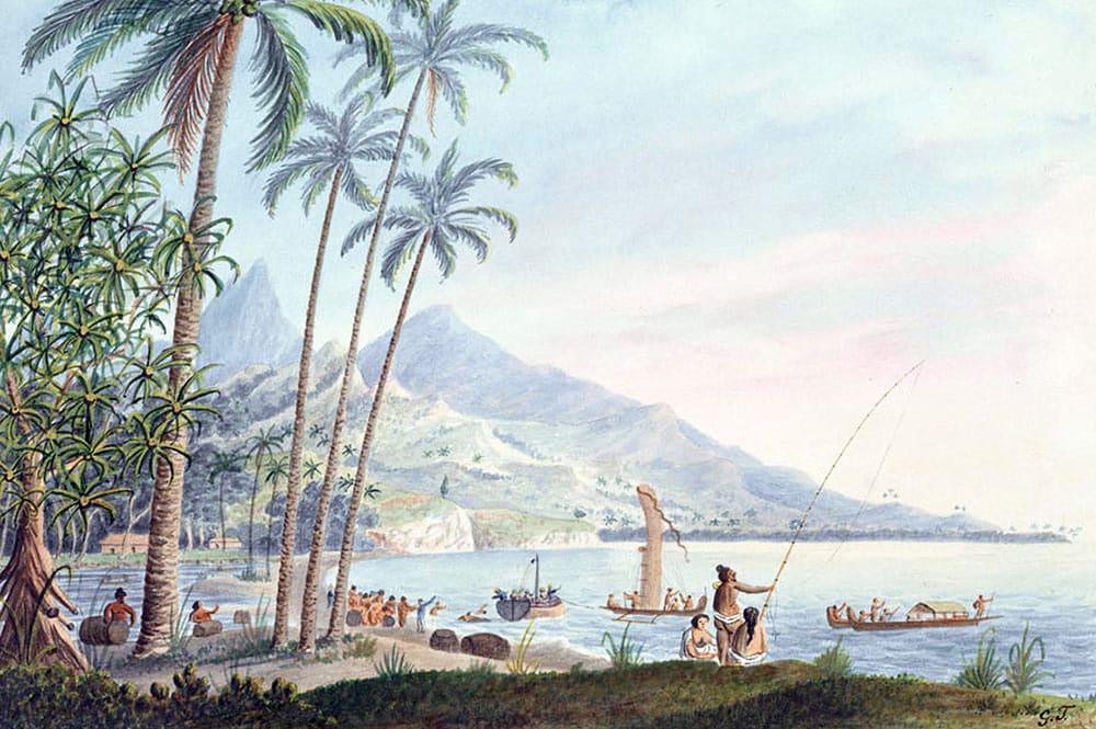 Near the watering place Matavai. Aquarelle de George Tobin 1792