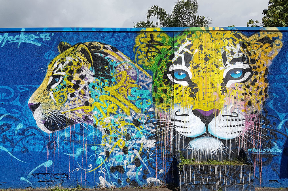Street art, Felins par Marko 93 au collège de Tipaerui à Papeete