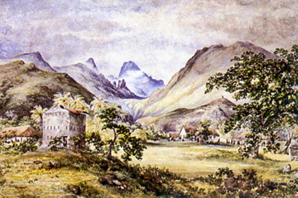 Fortin dans la vallée de la Punaruu, Tahiti. Tableau de Constance Cumming.