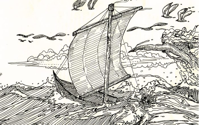 Mahina, le bateau fantôme de Hao. Dessin Daniel AKeou 2001