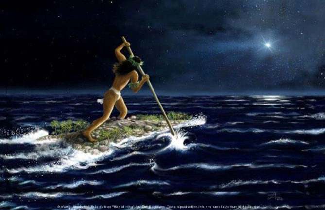 Hiro quitte Maupiti. Illustration A'amu