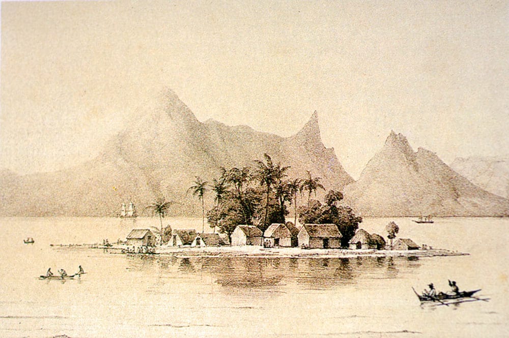 Motu Uta à Papeete. Lithographie d’après un dessin original de J.Moerenhout